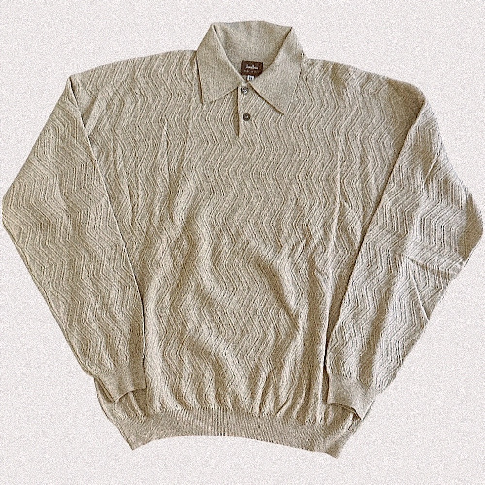 NEIMAN MARCUS MENS SWEATER COLLARED TAN CHEVRON KNIT PULLOVER XL SOFT CLASSIC